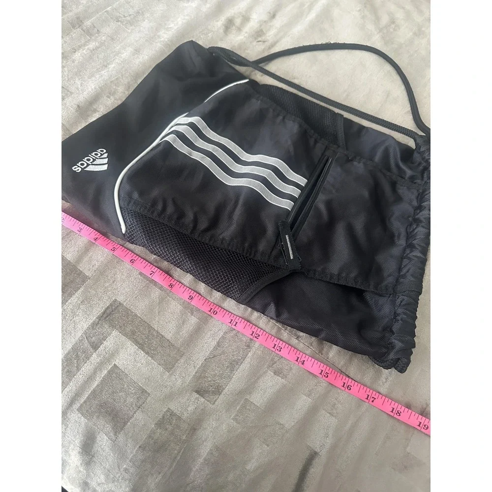 Adidas Drawstring Gym Sack Backpack Black 3 Stripes Mesh Pockets Sports Logo Bag